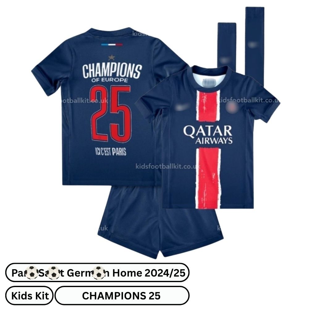 P^_^SG Home Kids Football Kit 2024/25 – CHAMPIONS 25